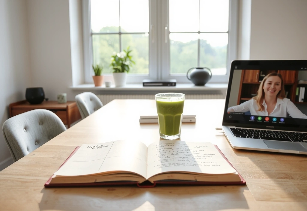 Authentische Szene einer Online-Ernährungsberatung am heimischen Arbeitsplatz